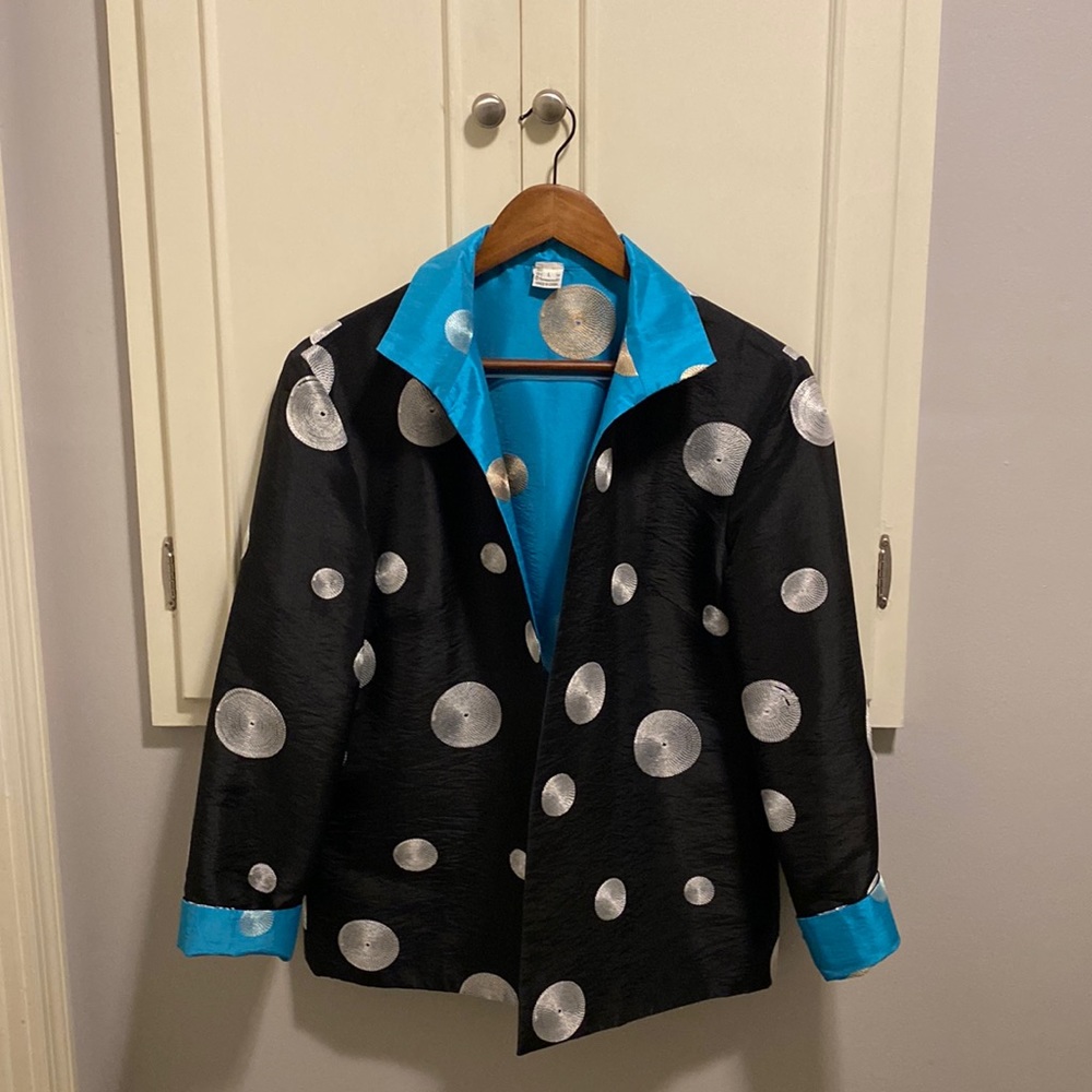 Black and sky blue open jacket with metallic embroidered details, size large